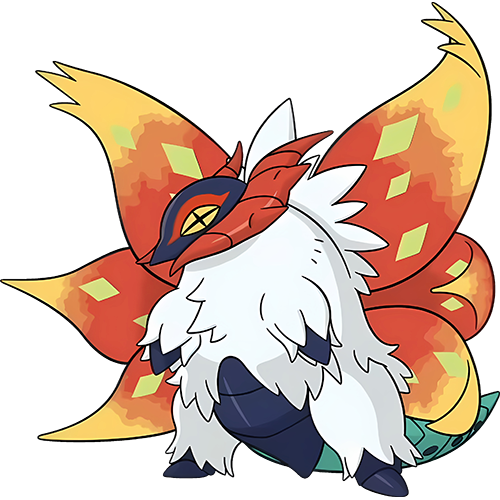 Artwork of Slither Wing, a moth Pokémon with lots of fur, big wings, and nubby arms and legs.